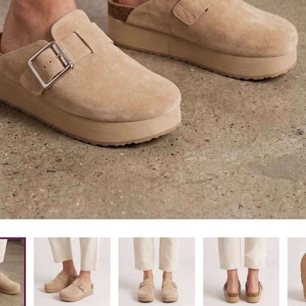 Tan Suede Platform Clogs with Silver Buckle - Picture 9 of 9